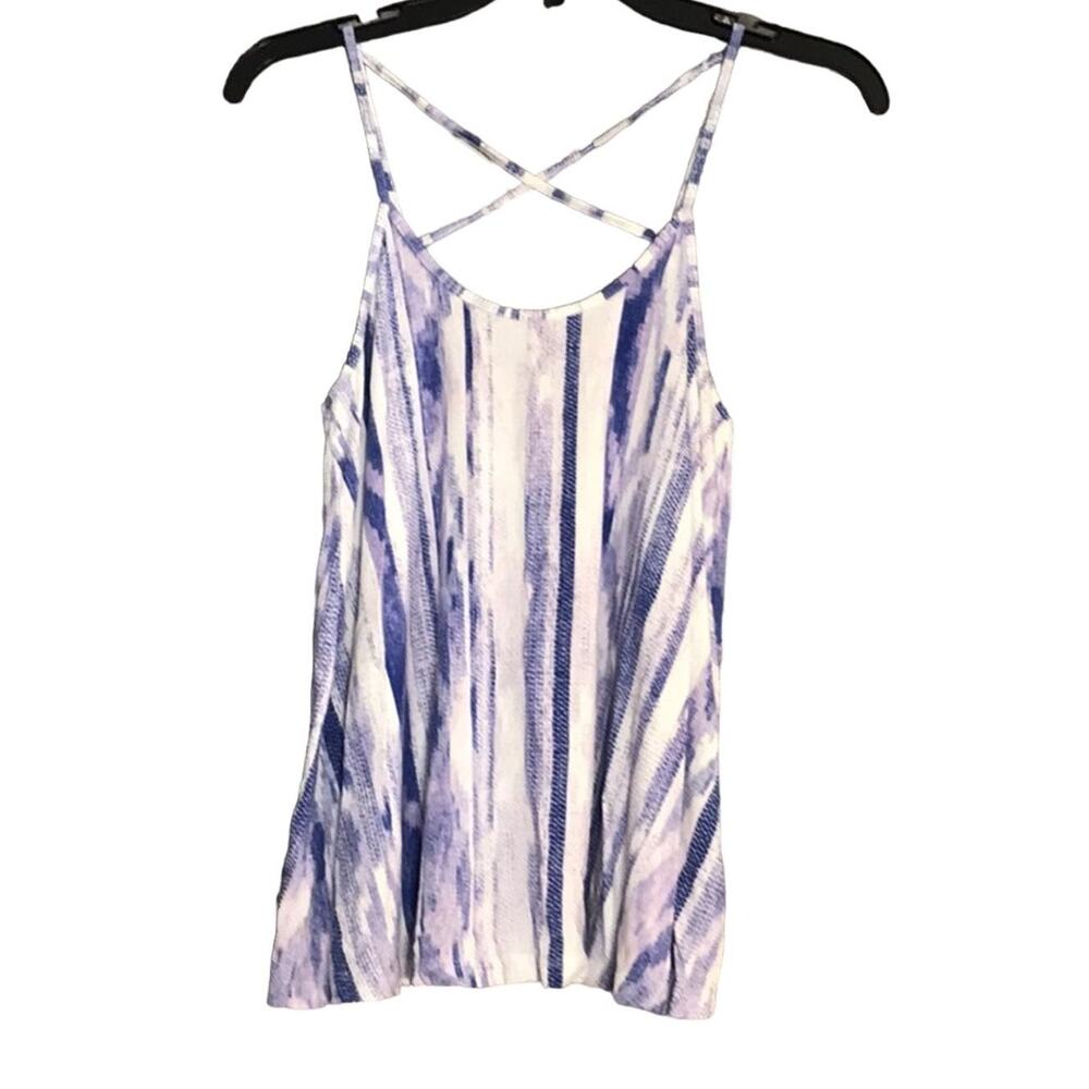 Ikat Striped Scoop Neck Cross Open Back Sleeveless Tank Top Blouse Blue Purple